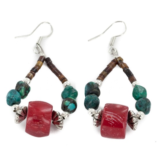 Certified Authentic Navajo .925 Sterling Silver Hooks Natural Turquoise CORAL Native American Earrings  18102-4