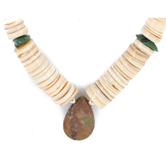 Certified Authentic Navajo .925 Sterling Silver Natural Graduated Melon Shell and Turquoise Native American Necklace 16073-3