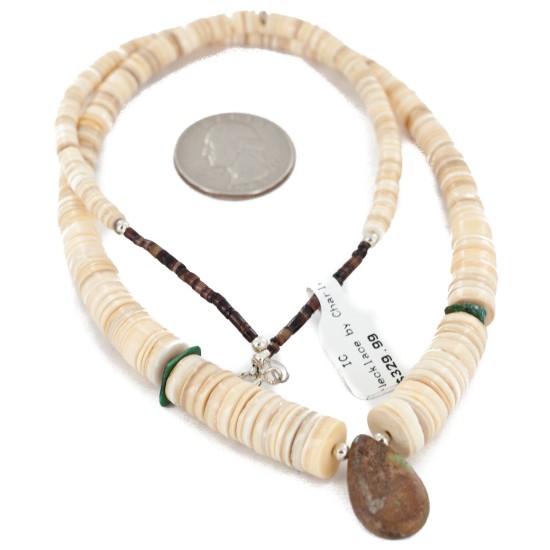 Certified Authentic Navajo .925 Sterling Silver Natural Graduated Melon Shell and Turquoise Native American Necklace 16073-3