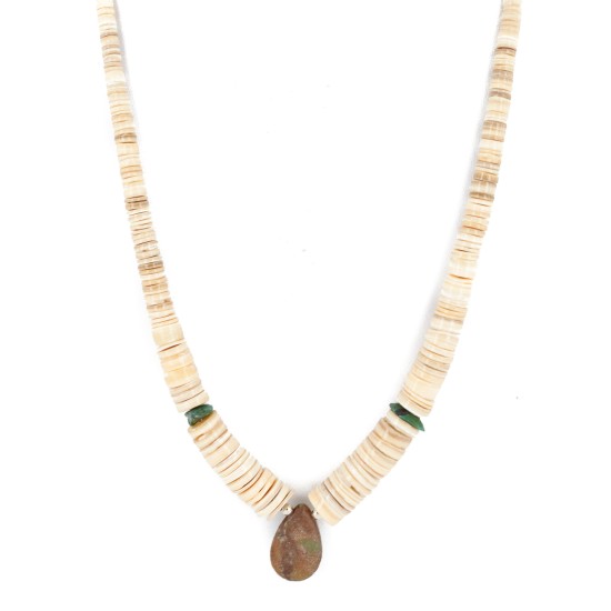 Certified Authentic Navajo .925 Sterling Silver Natural Graduated Melon Shell and Turquoise Native American Necklace 16073-3