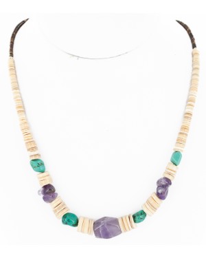 Certified Authentic Navajo .925 Sterling Silver Natural Graduated Melon Shell Turquoise Amethyst Native American Necklace 16078
