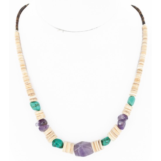 Certified Authentic Navajo .925 Sterling Silver Natural Graduated Melon Shell Turquoise Amethyst Native American Necklace 16078