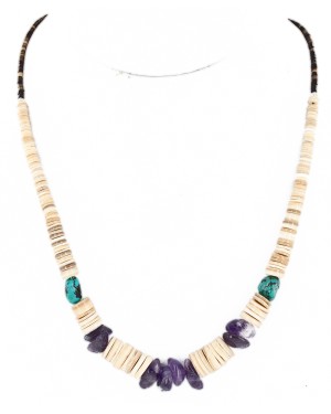 Certified Authentic Navajo .925 Sterling Silver Natural Graduated Melon Shell Turquoise Amethyst Native American Necklace 16080-1