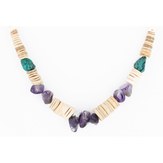 Certified Authentic Navajo .925 Sterling Silver Natural Graduated Melon Shell Turquoise Amethyst Native American Necklace 16080-2
