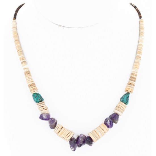 Certified Authentic Navajo .925 Sterling Silver Natural Graduated Melon Shell Turquoise Amethyst Native American Necklace 16080-2