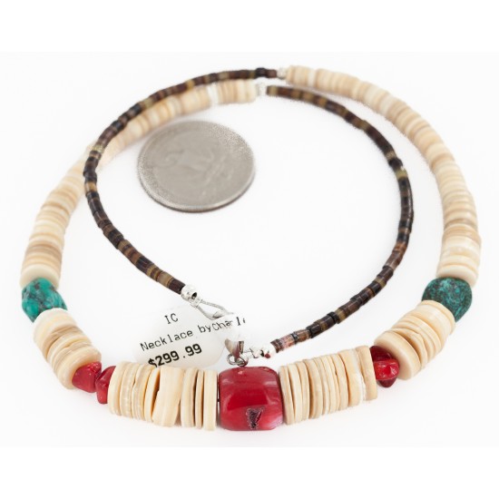Certified Authentic Navajo .925 Sterling Silver Natural Graduated Melon Shell Turquoise Coral Native American Necklace 16080-3