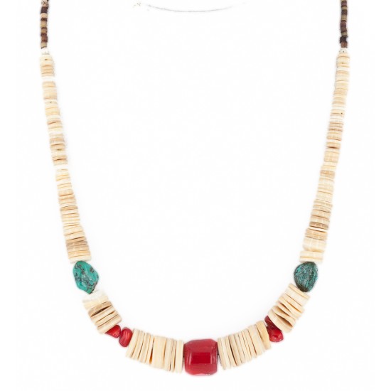 Certified Authentic Navajo .925 Sterling Silver Natural Graduated Melon Shell Turquoise Coral Native American Necklace 16080-3