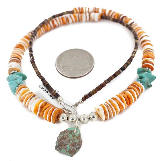 Certified Authentic Navajo .925 Sterling Silver Natural Graduated Melon Shell Turquoise Native American Necklace 16061-3
