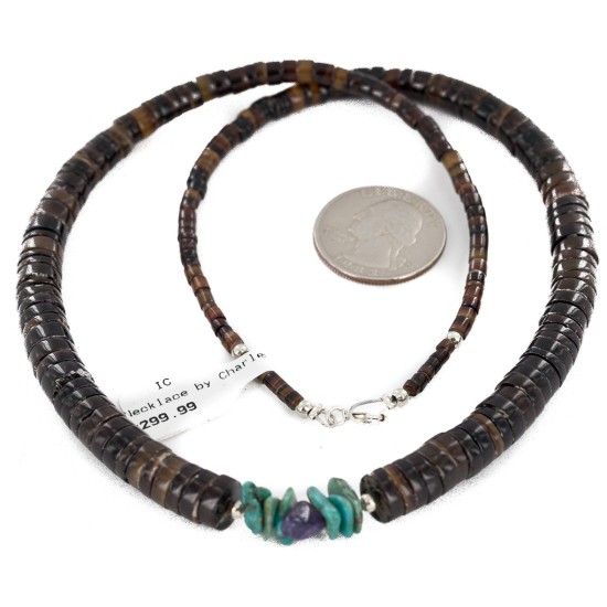 Navajo Certified Authentic .925 Sterling Silver Natural Graduated Heishi Turquoise Amethyst Native American Necklace  16069