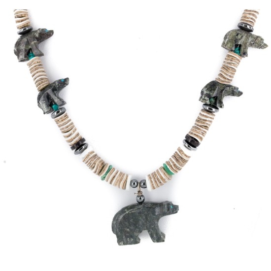 Bear Certified Authentic Navajo .925 Sterling Silver Natural Graduated Melon Shell Turquoise Jasper Native American Necklace 16049-3