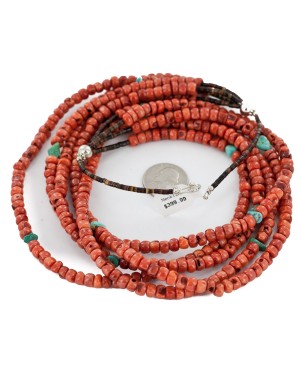 Certified Authentic 5 Strand Navajo .925 Sterling Silver Natural Turquoise Coral Native American Necklace 25279