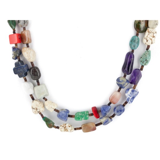 Certified Authentic 2 Strand Navajo .925 Sterling Silver Natural Turquoise Multicolor Native American Necklace 25263