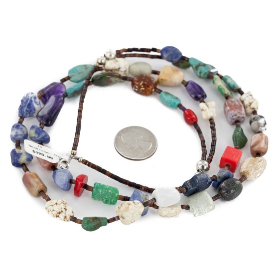 Certified Authentic 2 Strand Navajo .925 Sterling Silver Natural Turquoise Multicolor Native American Necklace 25263