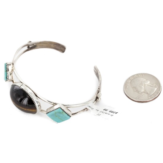 Handmade Certified Authentic Apache .925 Sterling Silver Natural Turquoise Tigers Eye Native American Bracelet 12770-0
