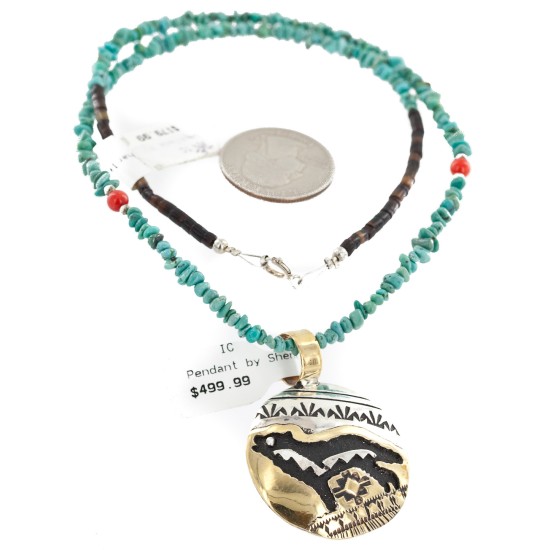 12kt Gold Filled and .925 Sterling Silver Handmade Wolf Certified Authentic Navajo Turquoise Coral Native American Necklace 24420-5-15336