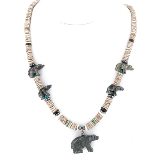Bear Certified Authentic Navajo .925 Sterling Silver Natural Graduated Melon Shell Turquoise Jasper Native American Necklace 16049-3
