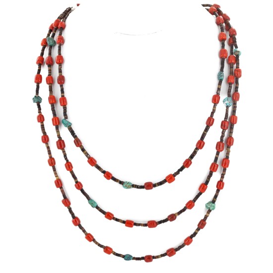 Certified Authentic 3 Strand Navajo .925 Sterling Silver Natural Turquoise Coral Native American Necklace 18110
