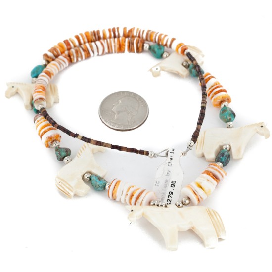 Certified Authentic Navajo .925 Sterling Silver Natural Graduated Melon Shell Turquoise Bone Native American Necklace 750180