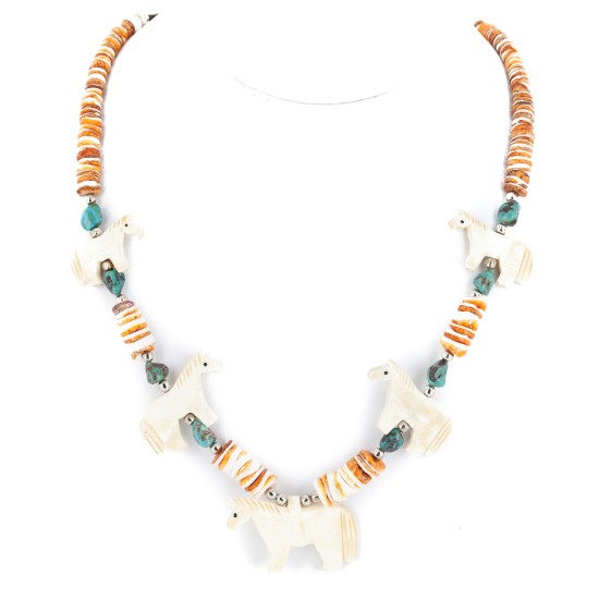 Certified Authentic Navajo .925 Sterling Silver Natural Graduated Melon Shell Turquoise Bone Native American Necklace 750180
