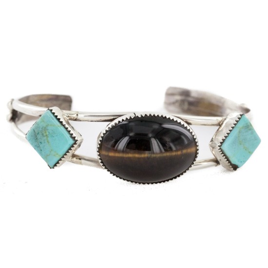 Handmade Certified Authentic Apache .925 Sterling Silver Natural Turquoise Tigers Eye Native American Bracelet 12770-0