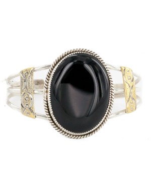 Handmade Certified Authentic Navajo .925 Sterling Silver Brass Natural Black Onyx Native American Bracelet 12863