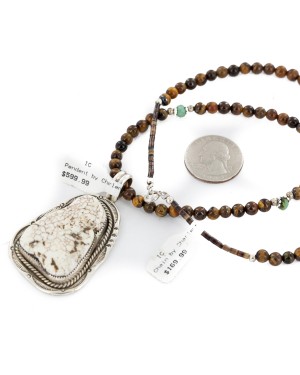 Large Certified Authentic Navajo .925 Sterling Silver Natural Tigers Eye White Buffalo Native American Necklace and Pendant 12870-25271
