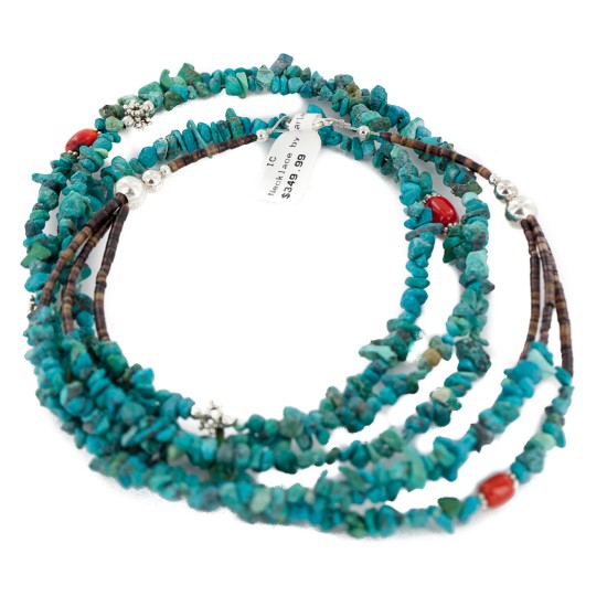 3 Strand Certified Authentic Navajo .925 Sterling Silver Natural Turquoise and Coral Native American Necklace 25281