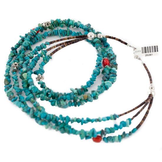 3 Strand Certified Authentic Navajo .925 Sterling Silver Natural Turquoise and Coral Native American Necklace 25281