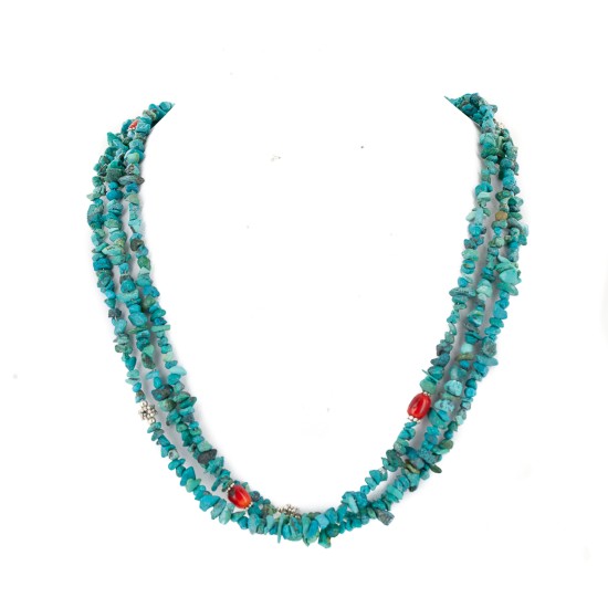 3 Strand Certified Authentic Navajo .925 Sterling Silver Natural Turquoise and Coral Native American Necklace 25281