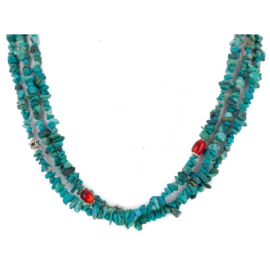 3 Strand Certified Authentic Navajo .925 Sterling Silver Natural Turquoise and Coral Native American Necklace 25281