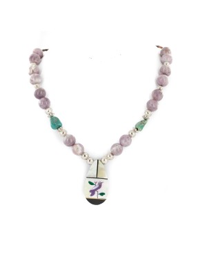 Certified Authentic Inlay Bird Navajo .925 Sterling Silver Natural Turquoise Agate Native American Necklace 15601