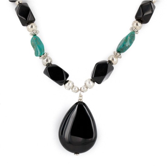 Certified Authentic Navajo .925 Sterling Silver Natural Roystone Turquoise Black Onyx Native American Necklace 15488 Certified Authentic Navajo .925 Sterling Silver Natural Roystone Turquoise Black Onyx Native American Necklace 15488