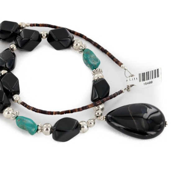 Certified Authentic Navajo .925 Sterling Silver Natural Roystone Turquoise Black Onyx Native American Necklace 15488 Certified Authentic Navajo .925 Sterling Silver Natural Roystone Turquoise Black Onyx Native American Necklace 15488