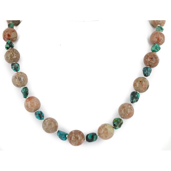 Certified Authentic Navajo .925 Sterling Silver Natural Turquoise and Jasper Native American Necklace 25102-1