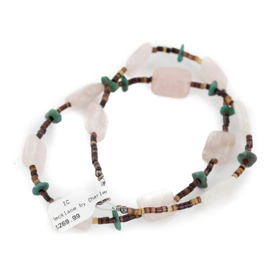 Certified Authentic Navajo .925 Sterling Silver Natural Turquoise Pink Quartz Native American Necklace 750154
