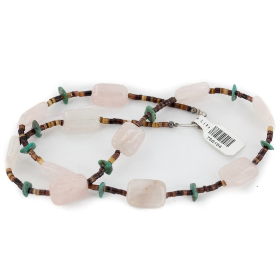 Certified Authentic Navajo .925 Sterling Silver Natural Turquoise Pink Quartz Native American Necklace 750154