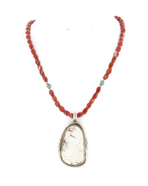Certified Authentic Navajo .925 Sterling Silver Natural White Buffalo Turquoise Red Jasper Native American Necklace 24458-16037-1