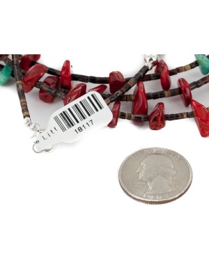 Certified Authentic 3 Strand Navajo .925 Sterling Silver Natural Turquoise Coral Native American Necklace 18117