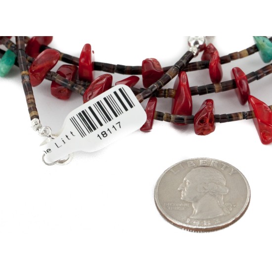 Certified Authentic 3 Strand Navajo .925 Sterling Silver Natural Turquoise Coral Native American Necklace 18117