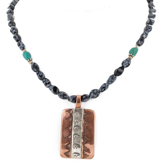 Handmade Bear Certified Authentic Navajo Pure .925 Sterling Silver Copper Natural Snowflake Stone Native American Necklace 16973-16037-6