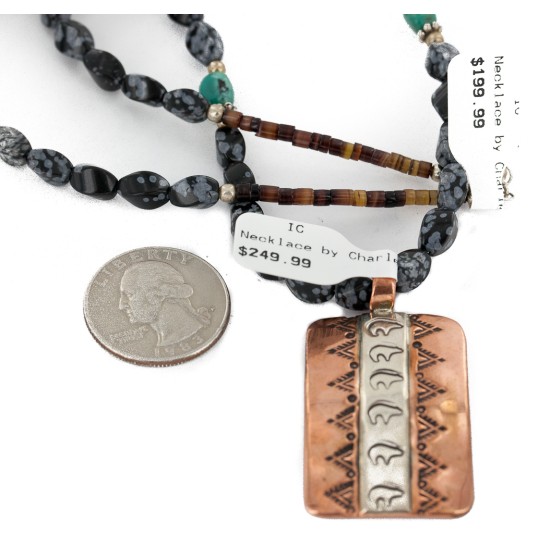 Handmade Bear Certified Authentic Navajo Pure .925 Sterling Silver Copper Natural Snowflake Stone Native American Necklace 16973-16037-6