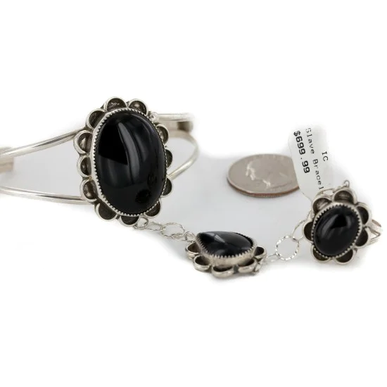 Large Handmade Navajo .925 Sterling Silver Natural Black Onyx Hand Chain Bracelet Native American Ring 12878 Large Handmade Navajo .925 Sterling Silver Natural Black Onyx Hand Chain Bracelet Native American Ring 12878