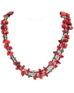 Certified Authentic 2 Strand Navajo .925 Sterling Silver Natural Turquoise Coral Native American Necklace 16054-3