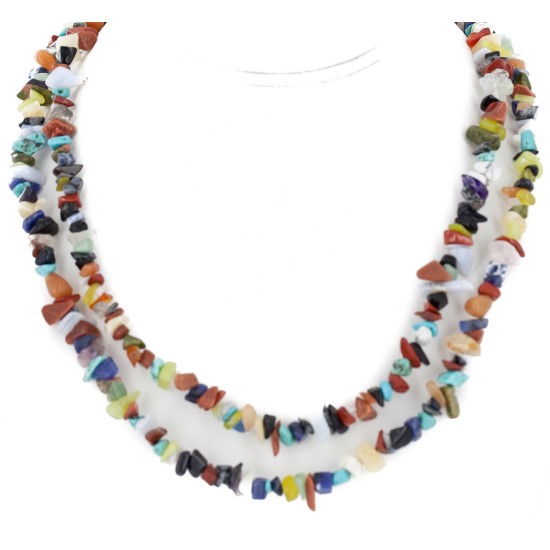 Certified Authentic 2 Strand Navajo .925 Sterling Silver Natural Turquoise Multicolor Stones Native American Necklace 15501-34