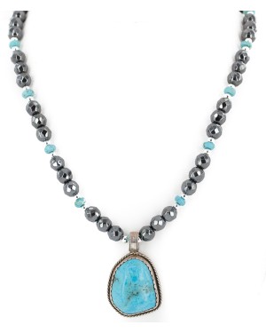 Certified Authentic .925 Sterling Silver Handmade Navajo Natural Turquoise Hematite Native American Necklace 15029-15916