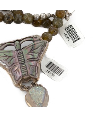 Certified Authentic Butterfly .925 Sterling Silver Handmade Navajo Natural Abalone Agate Native American Necklace 14752-15585