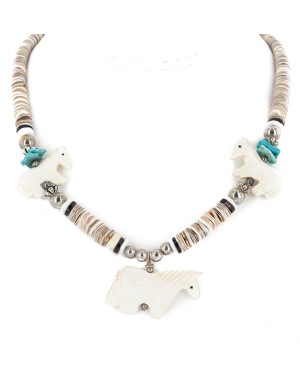 Certified Authentic Horse Navajo .925 Sterling Silver Natural Turquoise Alabaster Graduated Melon Shell Native American Necklace 750133