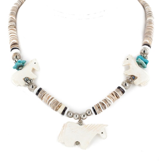 Certified Authentic Horse Navajo .925 Sterling Silver Natural Turquoise Alabaster Graduated Melon Shell Native American Necklace 750133