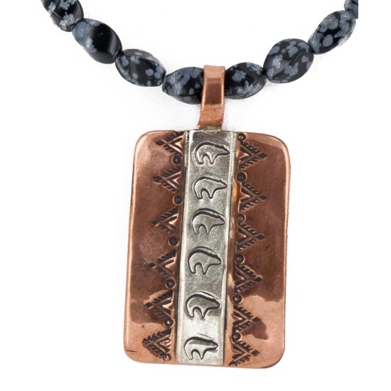 Handmade Bear Certified Authentic Navajo Pure .925 Sterling Silver Copper Natural Snowflake Stone Native American Necklace 16973-16037-6
