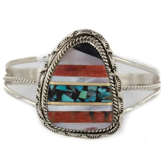 Handmade Navajo .925 Sterling Silver Inlay Natural Turquoise Black Onyx Spiny Oyster Mother of Pearl Native American Bracelet 12879 Handmade Navajo .925 Sterling Silver Inlay Natural Turquoise Black Onyx Spiny Oyster Mother of Pearl Native American Bracelet 12879
